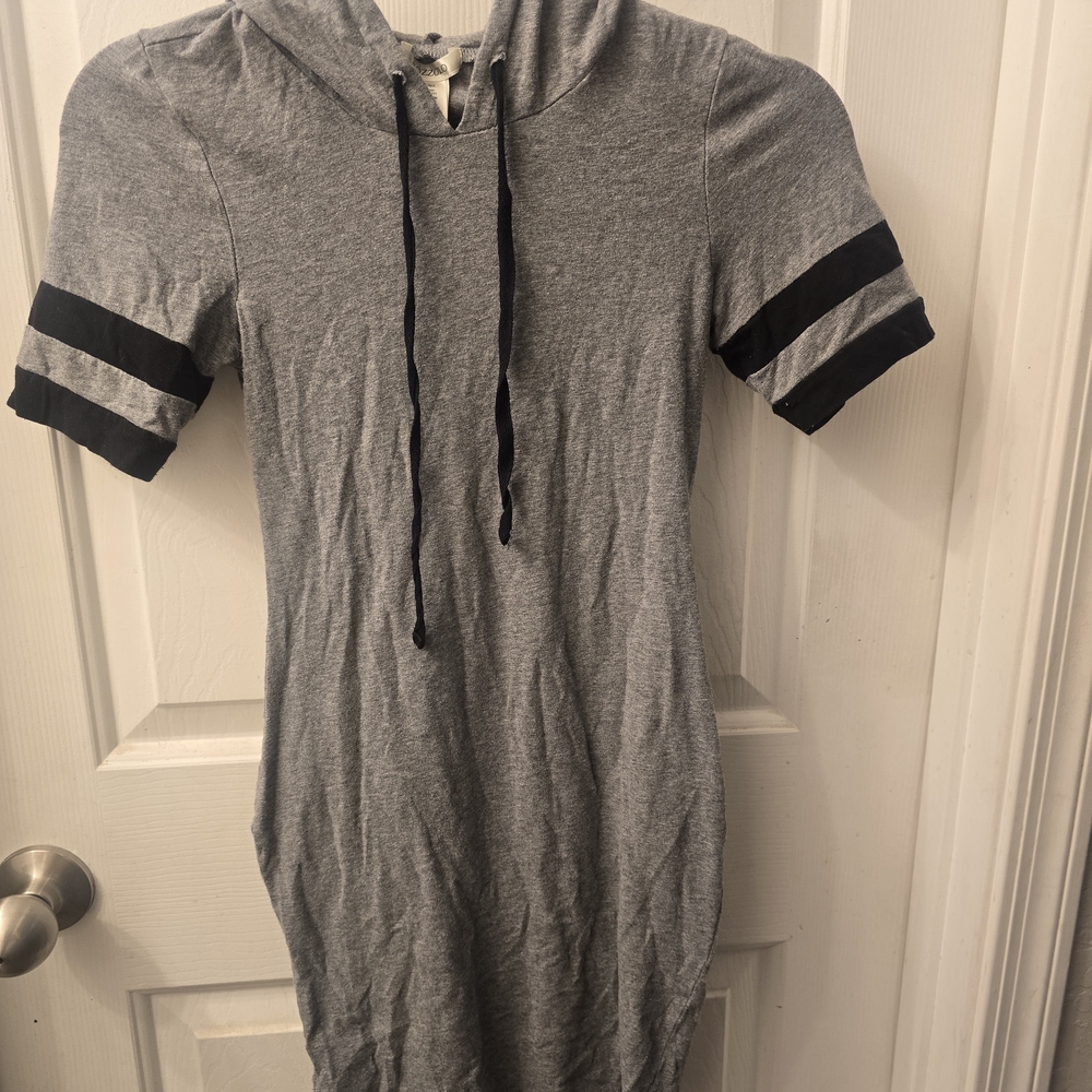 Bozzolo Gray Mini Dress with Black Sleeve Stripes